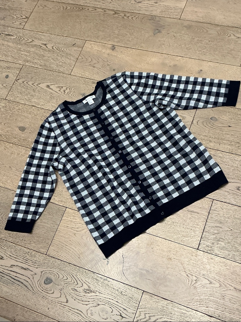 Woman’s Christopher and Banks navy/white checked cardigan. Large. Like new!